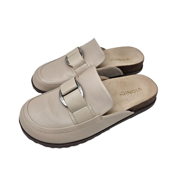 VIONIC Jordan Mules Women's 8 Oatmeal Slip On Leather Buckle Clogs Arch Support - Picture 1 of 11